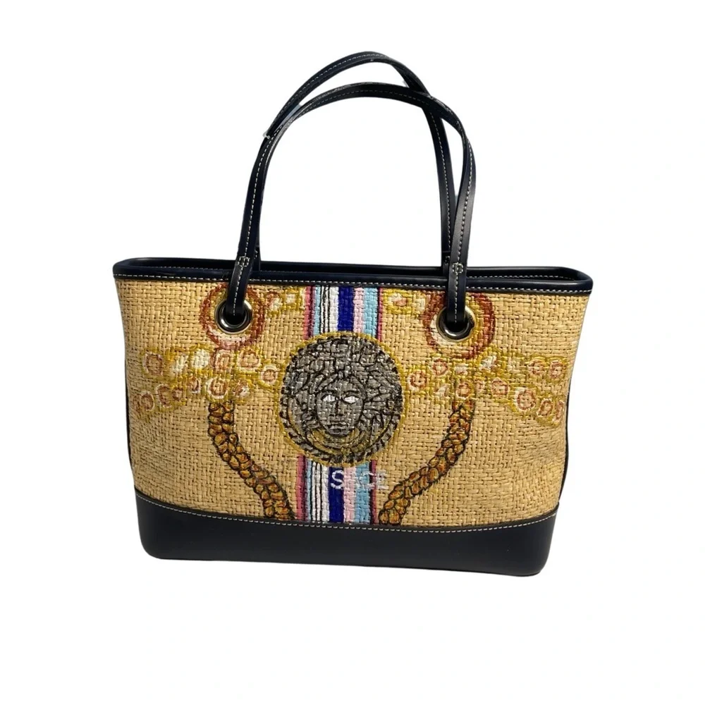 Ann Taylor Loft tweed hand painted small tote. Button snap closure/ metal feet.
